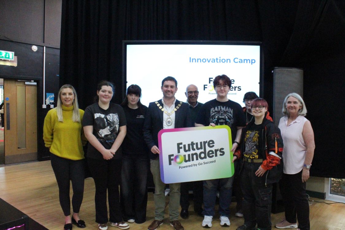 Anna Leebody, L2 Traineeship in Hairdressing;  Ellie Tate, L2 Traineeship in Hair and Media Make-Up;  Mayor of Ards and North Down, Councillor Craig Blaney; Irvine Abraham, Founder of Above Ground Level; Kaitlyn Harris, Ollie Lyner and Kas McWhinney, all Level 3 National Extended Diploma in Graphics; with Jane Hanna,  Young Enterprise.